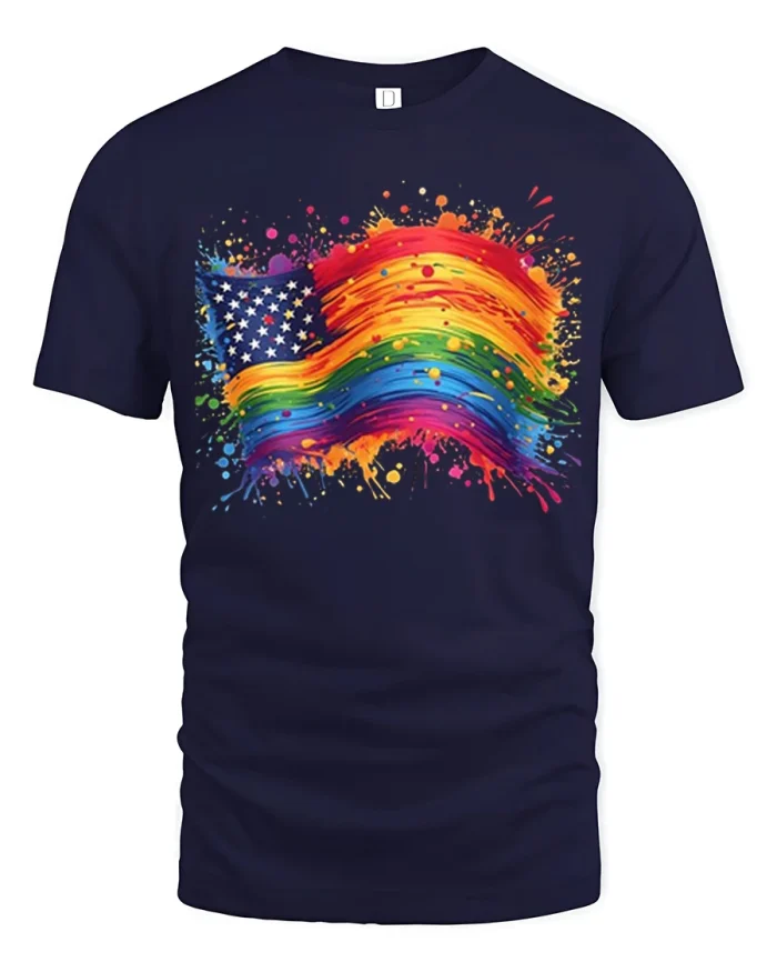 Rainbow American Flag Paint Splatter Pride Cotton Tee - navy t-shirt on white background