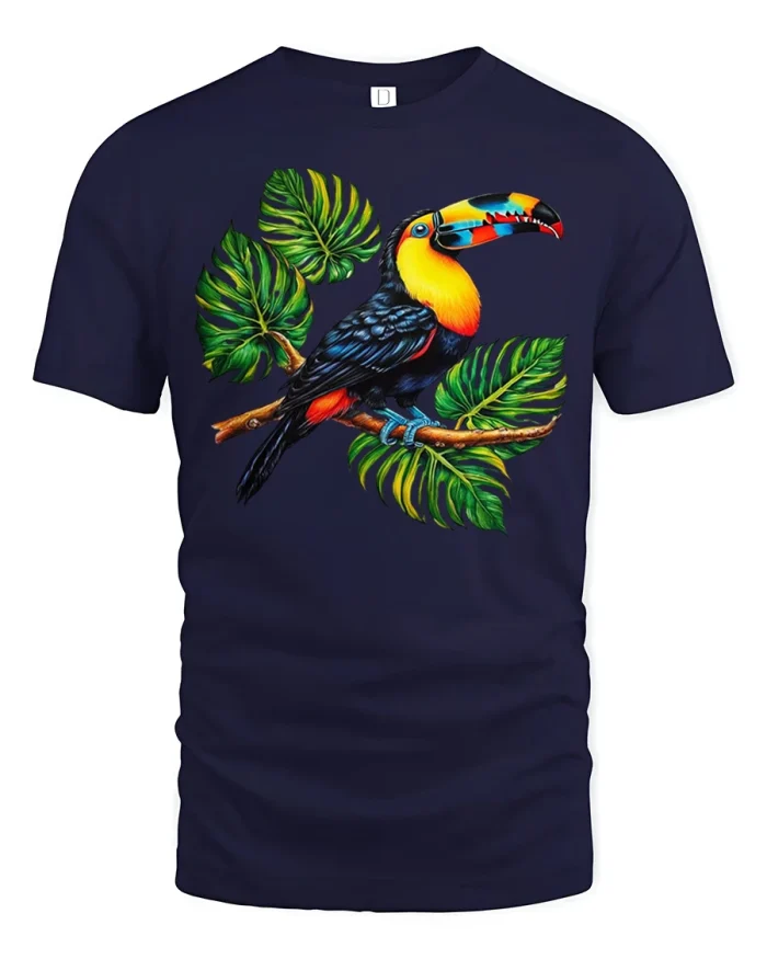 Beautiful Tropical Toucan Bird Leaf Graphic Soft Cotton Tee - navy t-shirt on white background