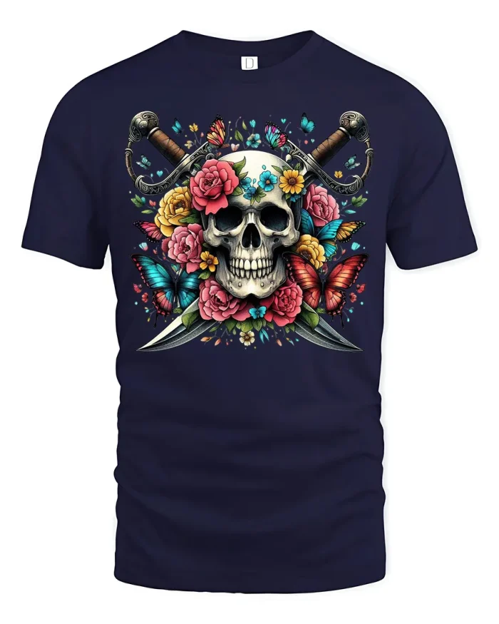 Edgy Floral Skull Crossed Swords Graphic Cotton Tee - navy t-shirt on white background