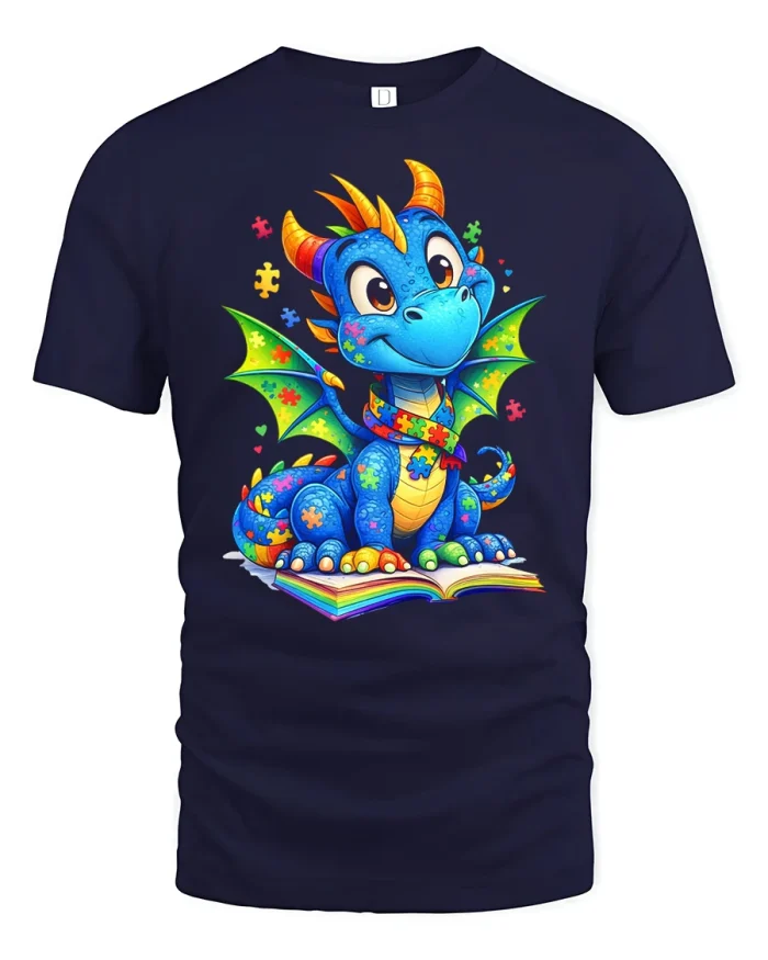 Cute Autism Awareness Puzzle Dragon Book Reading Soft Tee - navy t-shirt on white background