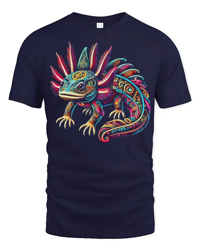Colorful Aztec Axolotl Mexican Folk Art Graphic Cotton Tee - navy t-shirt on white background