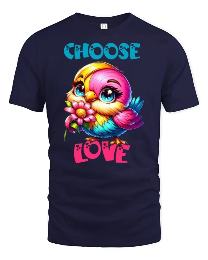 Choose Love Cute Colorful Bird Graphic Soft Cotton Tshirt - navy t-shirt on white background