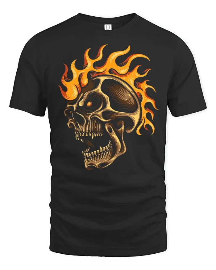 Flaming Skull Graphic Tee Bold Gothic Fire Art Streetwear Shirt - black t-shirt on white background