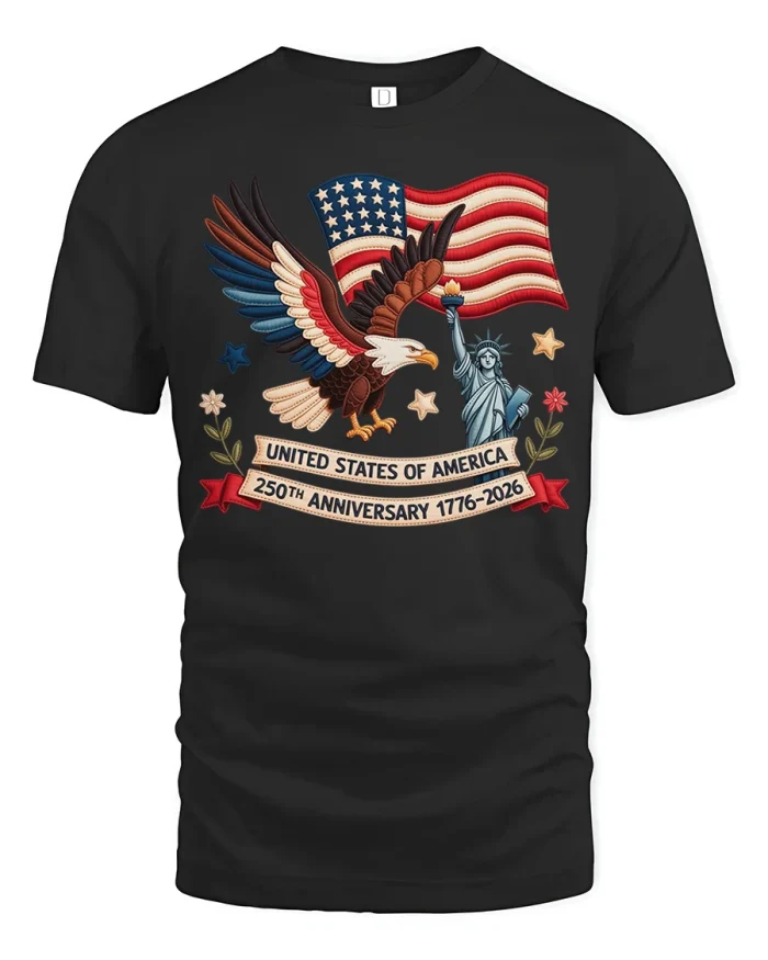 USA 250th Anniversary Eagle Graphic T Shirt Patriotic Freedom Tee - black t-shirt on white background
