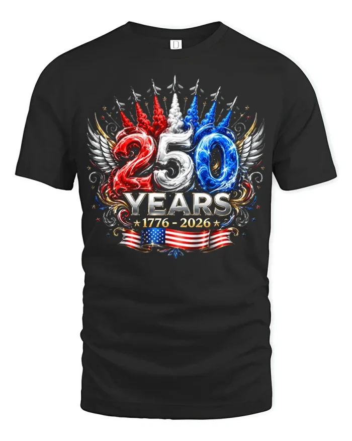 250 Years American Independence Patriotic USA Flag Graphic Tee - black t-shirt on white background