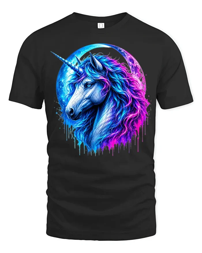 Mystical Neon Galaxy Unicorn Moon Fantasy Graphic Tee Shirt - black t-shirt on white background