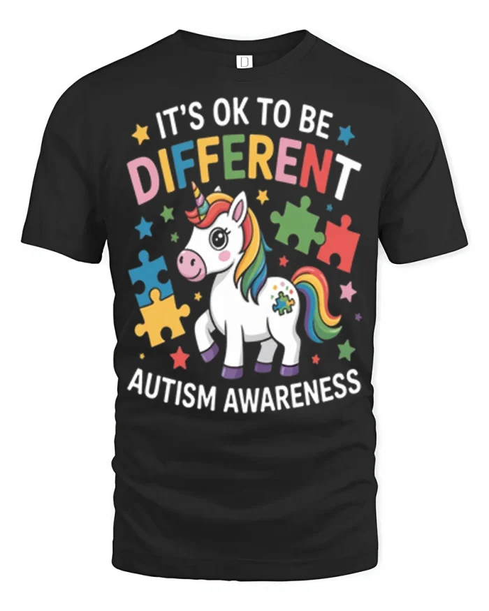 Its OK To Be Different Autism Awareness Unicorn Graphic Tee - black t-shirt on white background