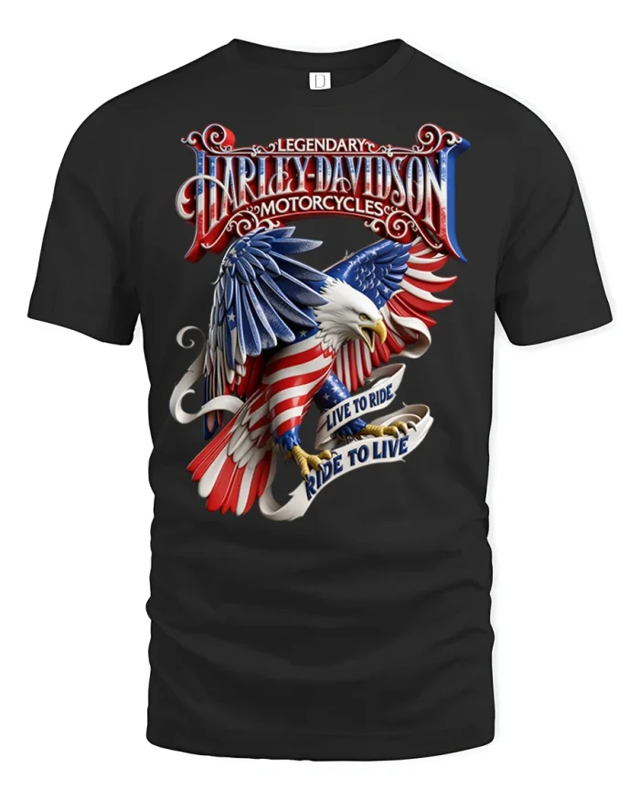 Patriotic Bald Eagle Live To Ride American Biker Graphic Tee - black t-shirt on white background