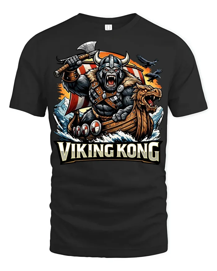 Viking Kong Graphic Tee Fierce Norse Warrior Gorilla Adventure - black t-shirt on white background