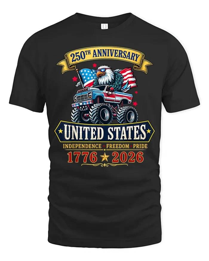 USA 250th Anniversary Monster Truck Eagle Patriotic T Shirt - black t-shirt on white background