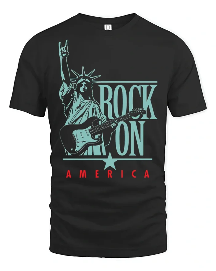 Rock On America Graphic Tee Patriotic Guitar Statue Freedom Shirt - black t-shirt on white background