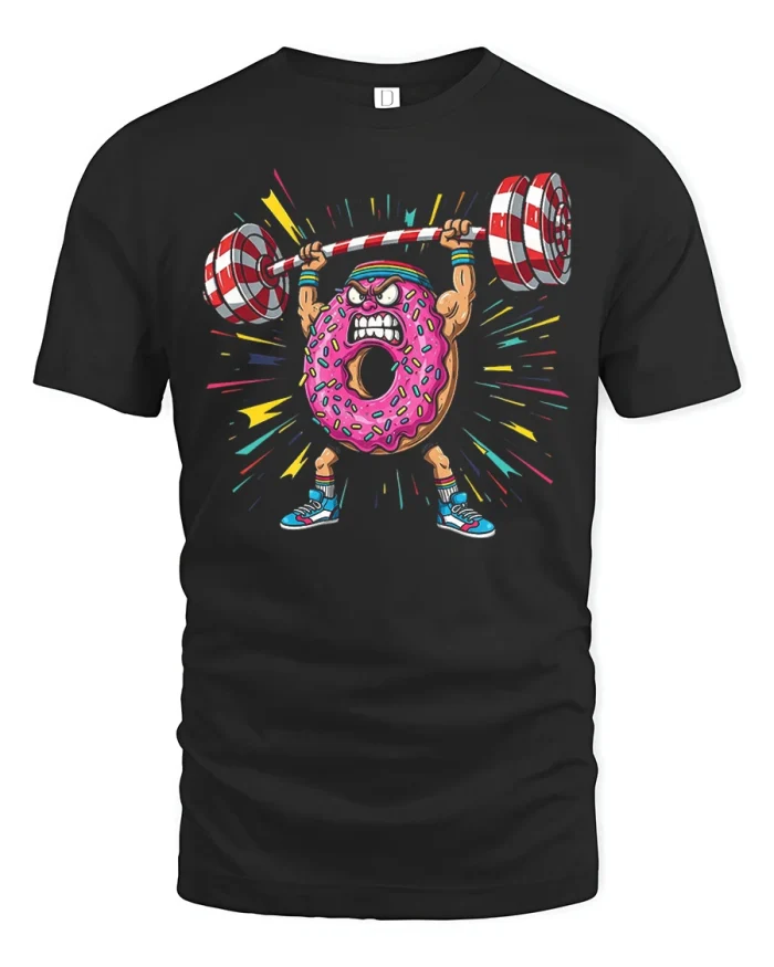 Funny Strong Donut Weightlifting Graphic T Shirt Gym Humor Tee - black t-shirt on white background