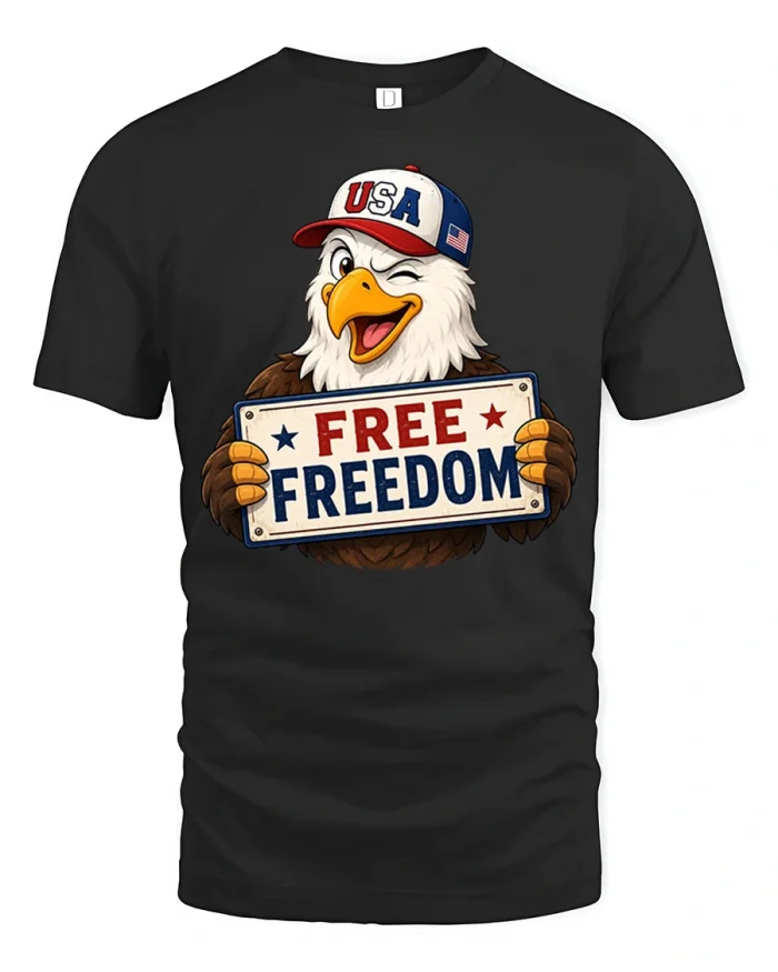Funny Free Freedom Eagle USA Patriotic Graphic T Shirt Tee - black t-shirt on white background