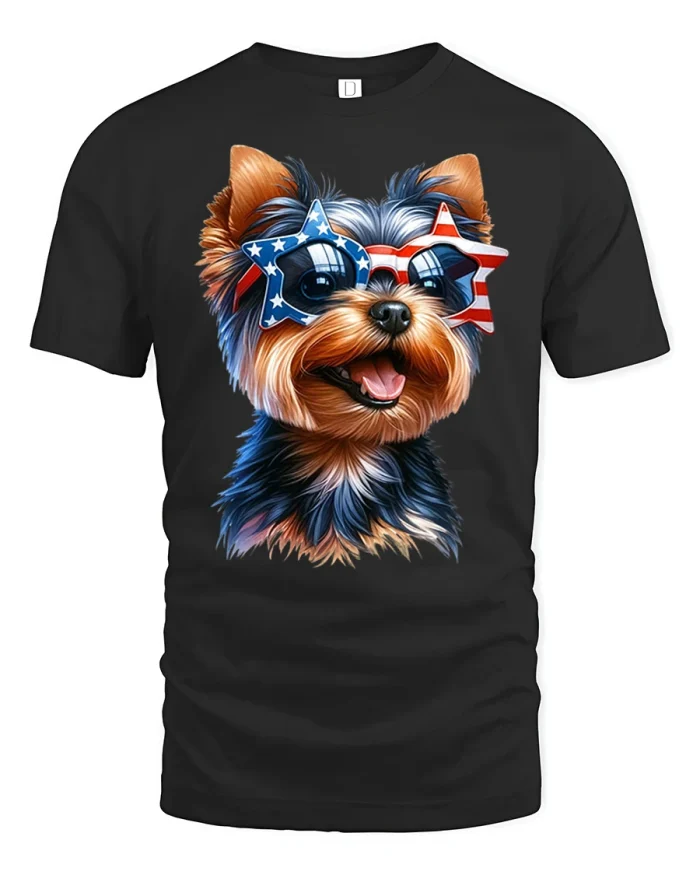 Patriotic Yorkie Dog USA Flag Sunglasses Graphic T Shirt Tee - black t-shirt on white background