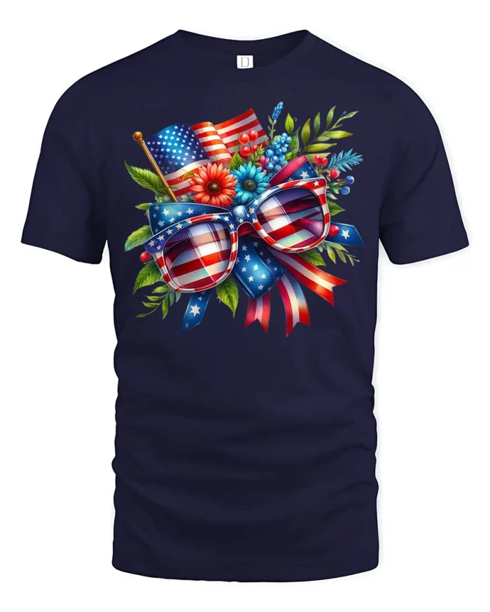 Patriotic American Flag Sunglasses Floral Graphic Independence Day Tee - navy t-shirt on white background