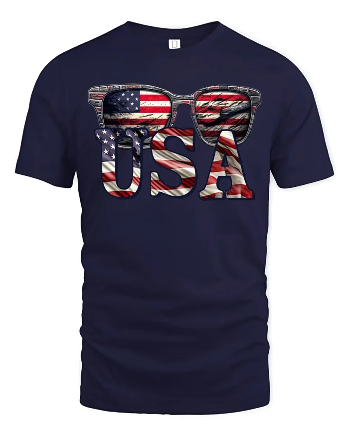 Vintage USA Flag Sunglasses Graphic Tee Patriotic Summer Style - navy t-shirt on white background