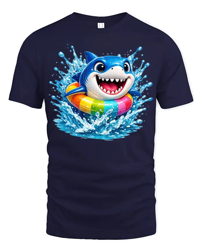 Cute Happy Shark Pool Float Graphic Tee Funny Summer Vacation Shirt - navy t-shirt on white background