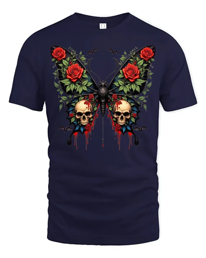 Gothic Skull Butterfly Rose Graphic Tee Dark Floral Fantasy Art - navy t-shirt on white background