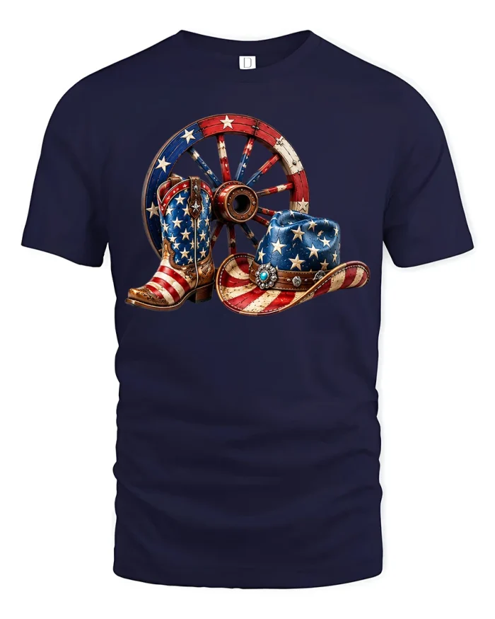 Patriotic Cowboy Boots and Hat Western USA Flag Graphic Tee Shirt - navy t-shirt on white background