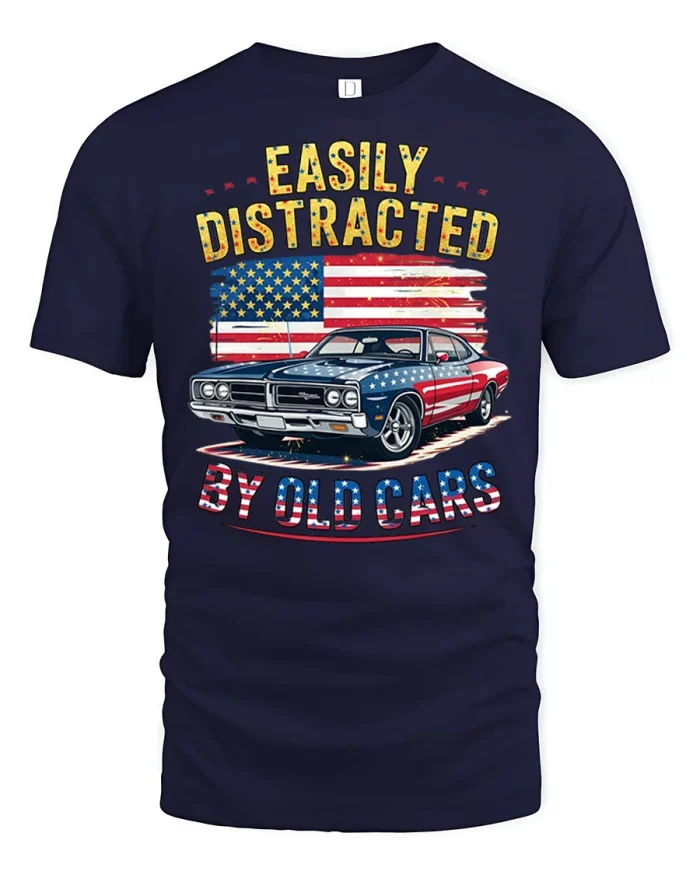 Easily Distracted By Old Cars Funny Patriotic Muscle Car Tee - navy t-shirt on white background