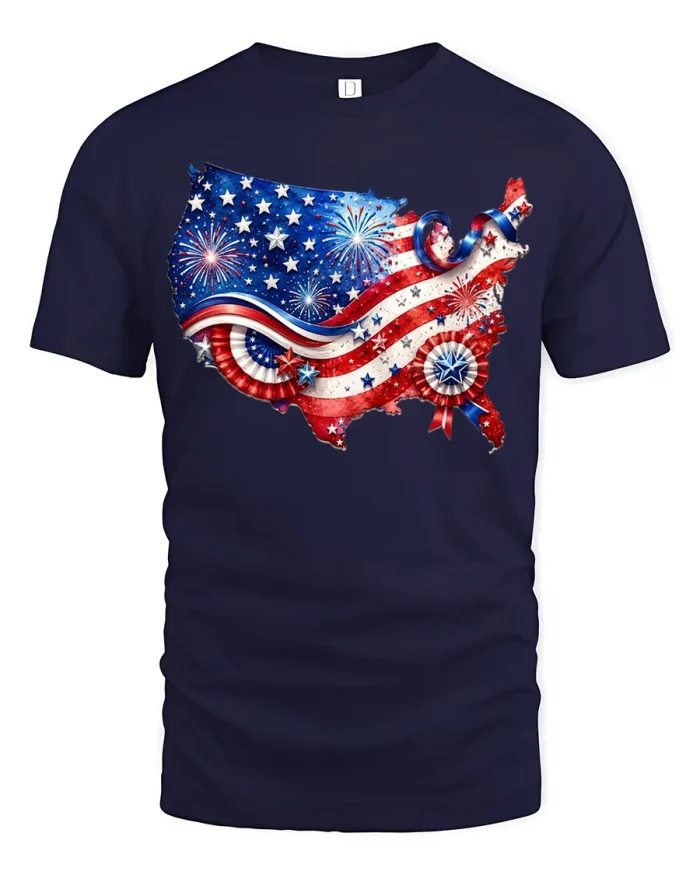 USA Patriotic Map Fireworks American Flag Celebration T Shirt - navy t-shirt on white background