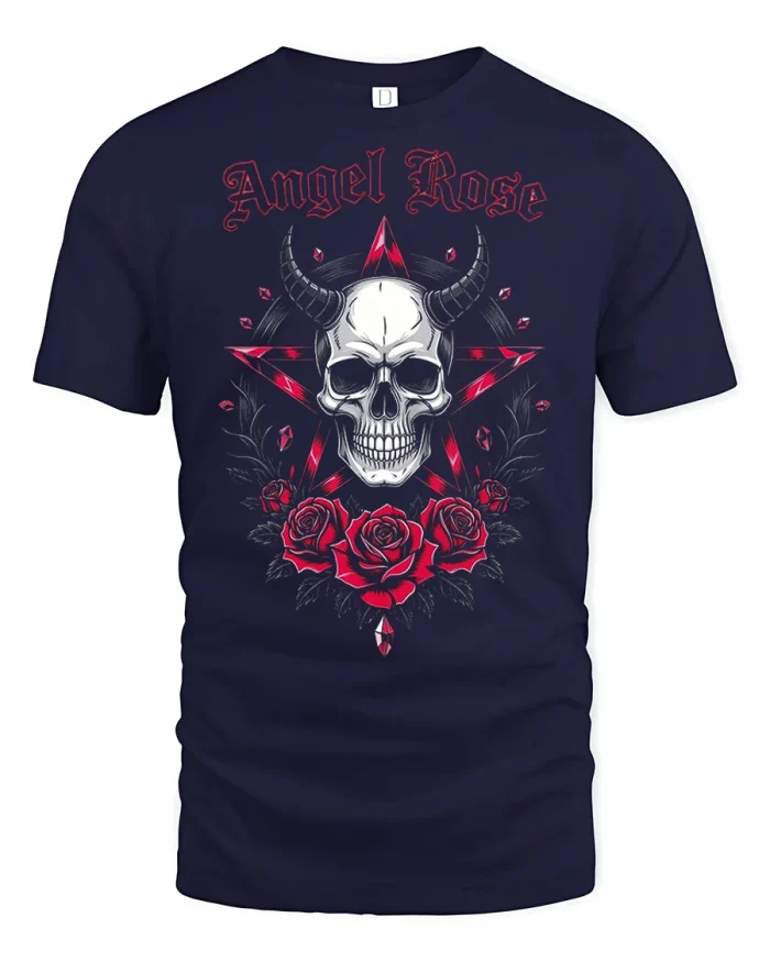 Angel Rose Gothic Skull Red Roses Dark Aesthetic T Shirt - navy t-shirt on white background