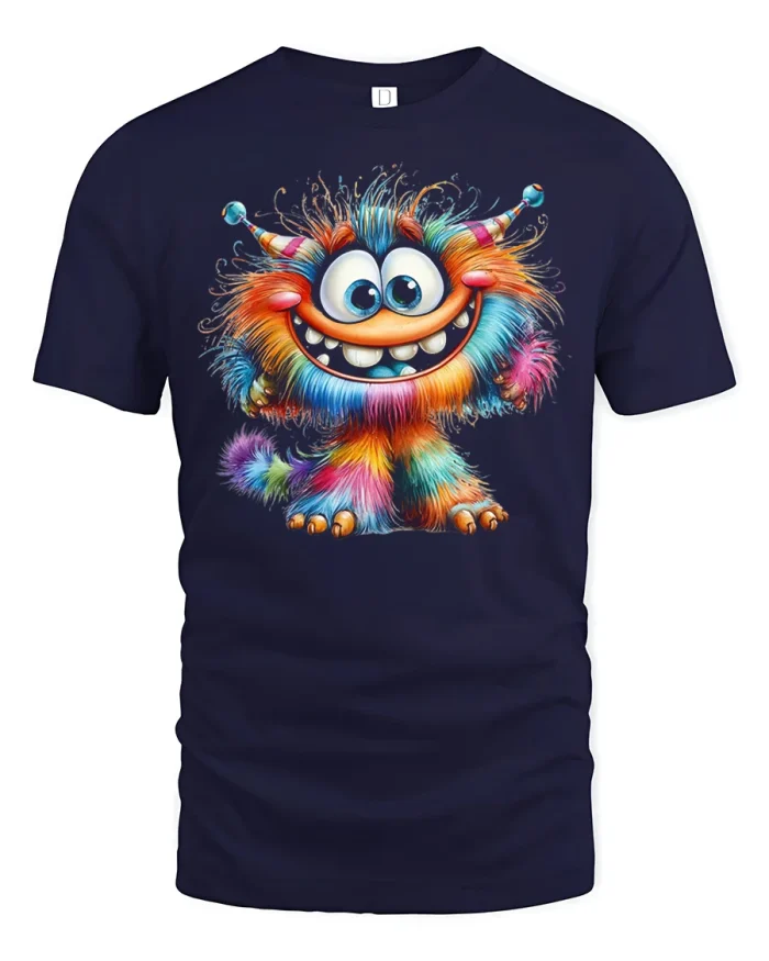 Funny Colorful Furry Monster Cartoon Character Graphic T Shirt - navy t-shirt on white background