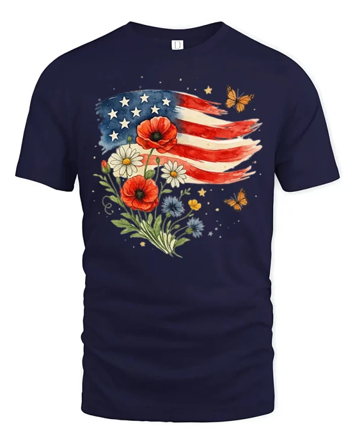 Patriotic American Flag Wildflower Butterfly Floral Graphic T Shirt - navy t-shirt on white background