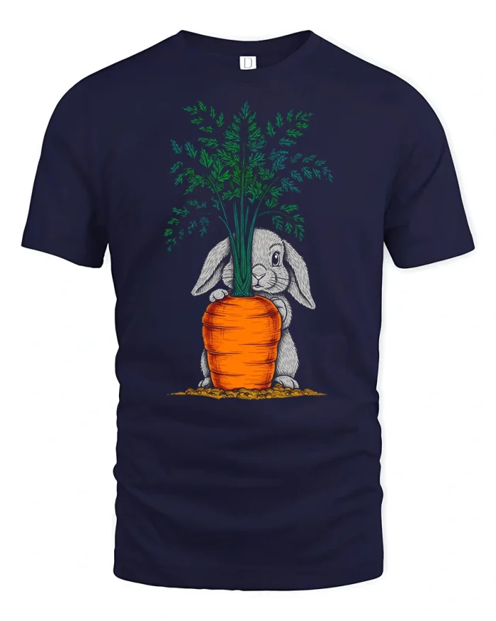 Cute Bunny Hiding Behind Giant Carrot Funny Easter T Shirt - navy t-shirt on white background