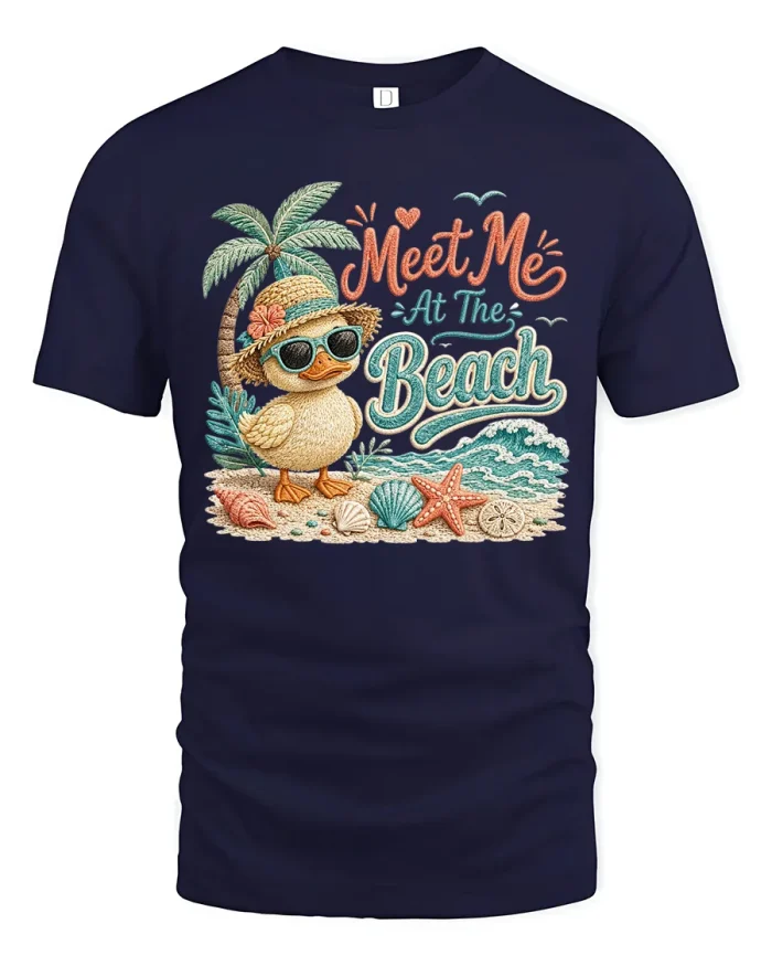 Meet Me At The Beach Cute Duck Summer Vacation Graphic T Shirt - navy t-shirt on white background