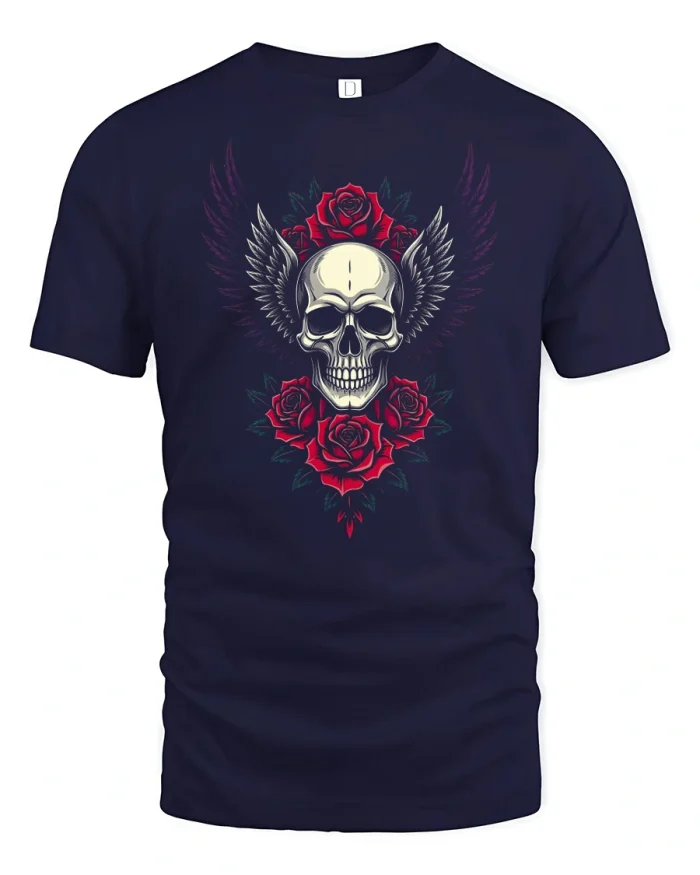 Gothic Winged Skull Red Roses Dark Aesthetic Graphic T Shirt - navy t-shirt on white background