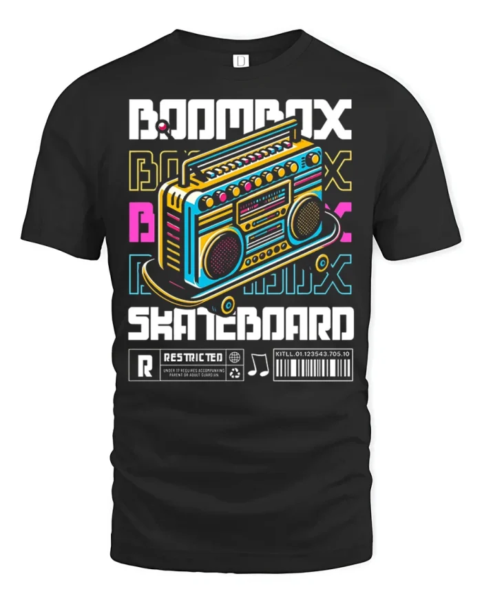 Retro Boombox Skateboard Graphic Tee Vintage Street Music Tshirt - black t-shirt on white background