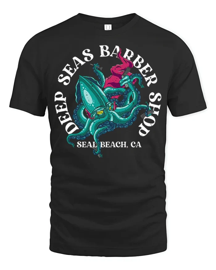 Deep Seas Barber Shop Octopus Graphic Tee Coastal Surf Tshirt - black t-shirt on white background