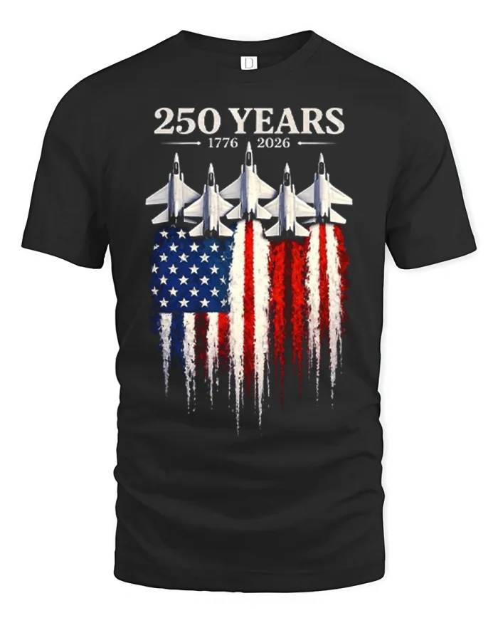 250 Years 1776 2026 USA Fighter Jets Patriotic Graphic Tee Tshirt - black t-shirt on white background
