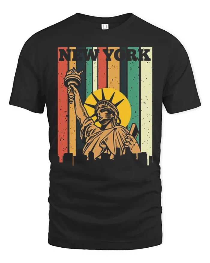 Vintage New York Statue of Liberty Graphic Travel Tshirt Style - black t-shirt on white background