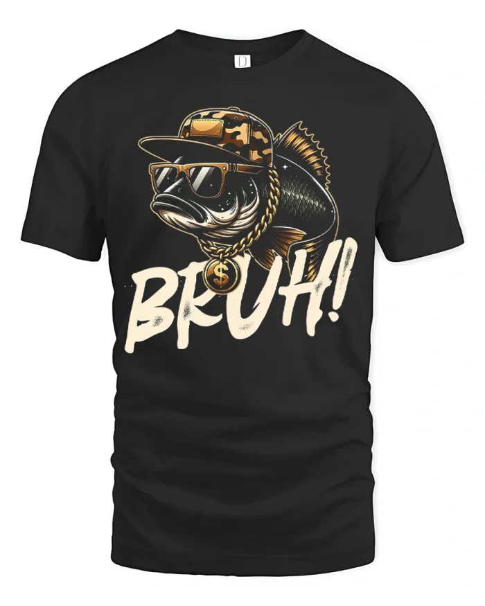 Bruh Funny Gangster Bass Fish Graphic Fishing Tee Vintage Style - black t-shirt on white background