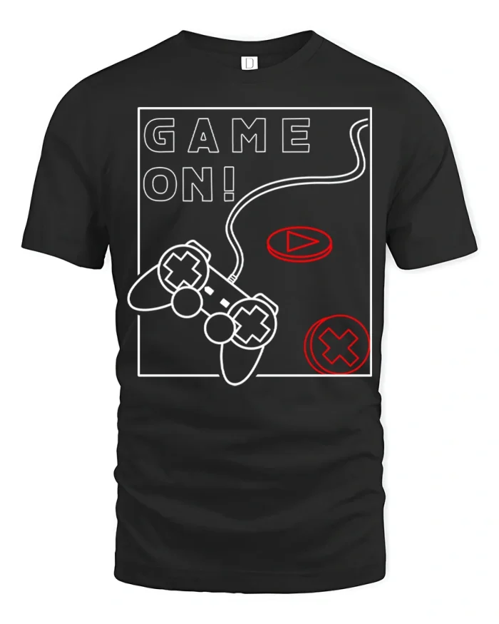Game On Gamer Controller Graphic T Shirt Retro Gaming Style - black t-shirt on white background