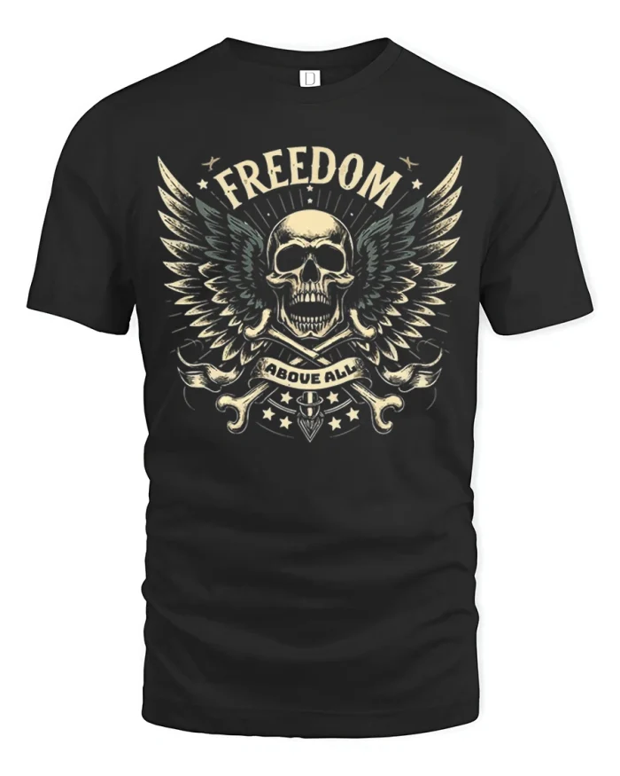 Freedom Above All Skull Wings Vintage Patriotic Graphic T Shirt - black t-shirt on white background
