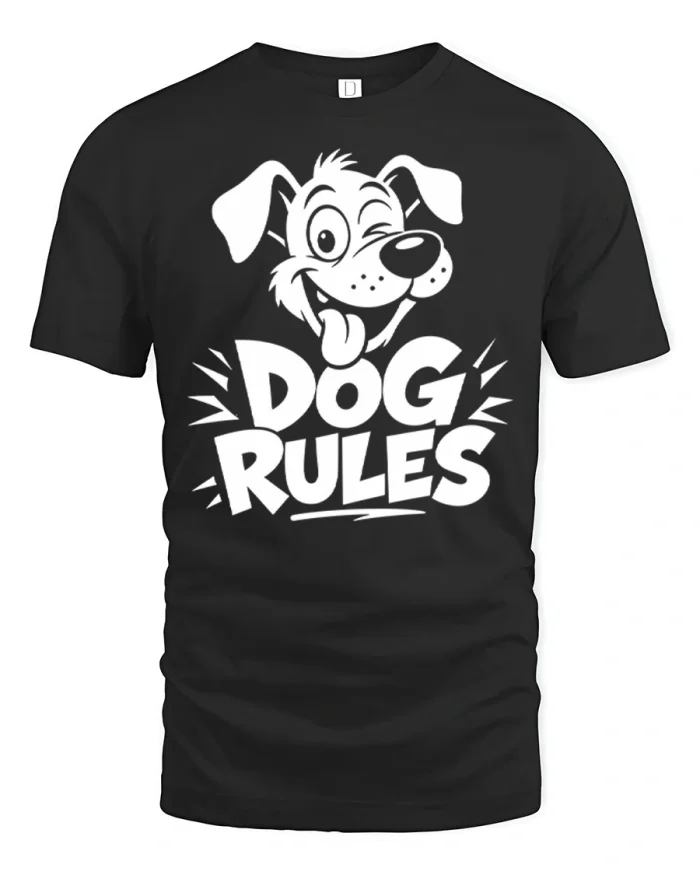 Dog Rules Funny Cartoon Dog Lover Graphic T Shirt Classic Style - black t-shirt on white background