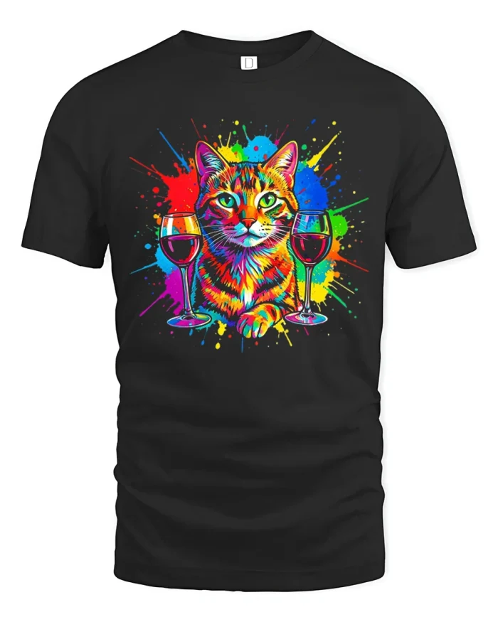 Colorful Cat With Wine Glasses Funny Graphic T Shirt Art Style - black t-shirt on white background