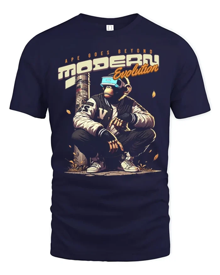 Modern Evolution Ape VR Gamer Graphic T Shirt Streetwear Style - navy t-shirt on white background