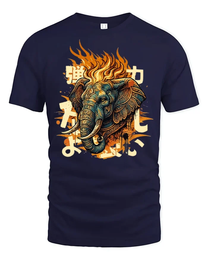 Flaming Elephant Graphic T Shirt Tribal Wildlife Art Style - navy t-shirt on white background