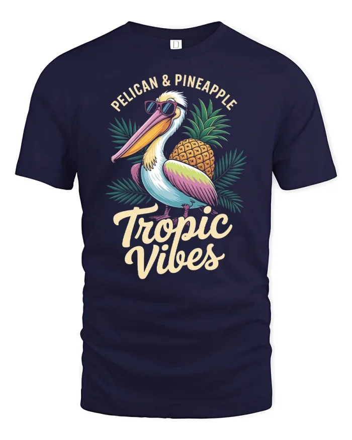 Pelican And Pineapple Tropic Vibes Funny Beach Graphic T Shirt - navy t-shirt on white background