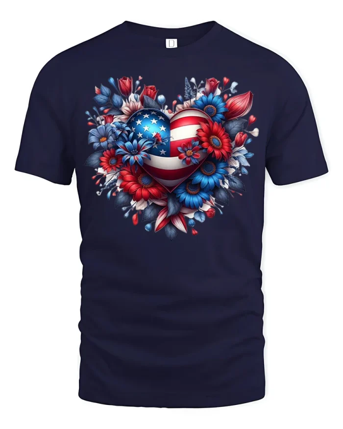 American Flag Heart Floral Patriotic Pride Graphic T Shirt - navy t-shirt on white background