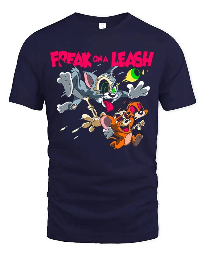 Wild Cartoon Cat And Mouse Chaos Graphic Tee Vintage Fun - navy t-shirt on white background