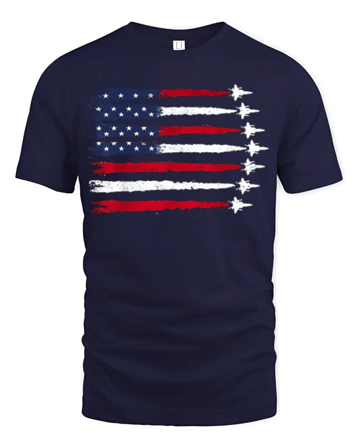 Vintage American Flag Fighter Jet Patriotic Graphic Tee Style - navy t-shirt on white background