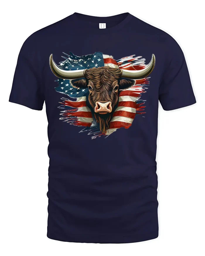 American Longhorn Bull Flag Graphic Tee Patriotic Western Tshirt - navy t-shirt on white background
