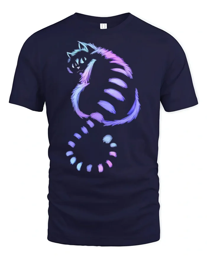 Mystical Cheshire Cat Graphic Tee Fantasy Neon Cat Tshirt - navy t-shirt on white background