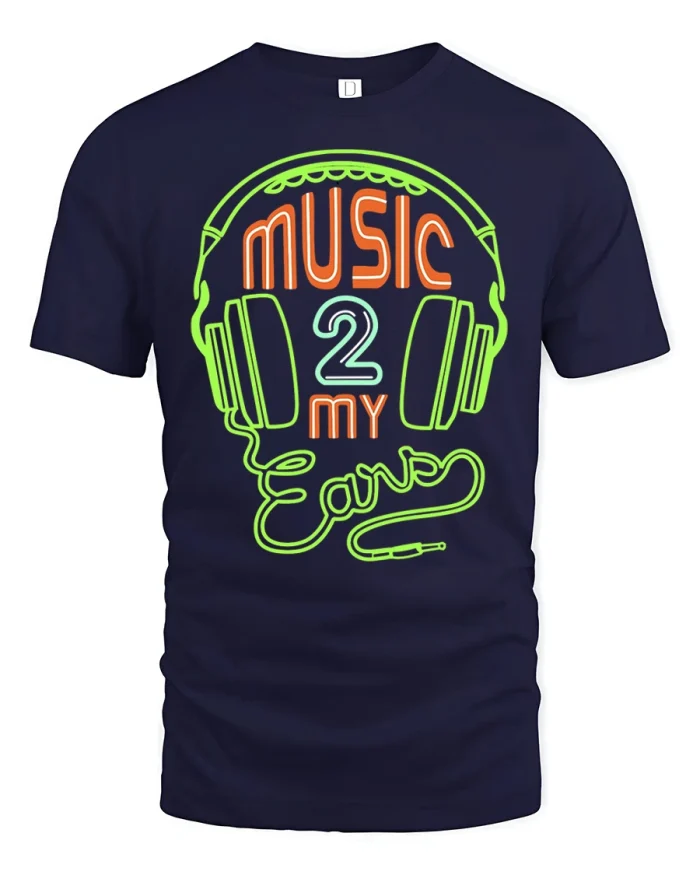 Music Is My Escape Headphones Graphic Tee Neon Retro Tshirt - navy t-shirt on white background