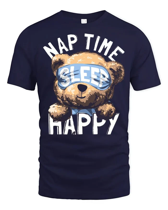 Nap Time Sleep Happy Cute Teddy Bear Graphic T Shirt Vintage Style - navy t-shirt on white background
